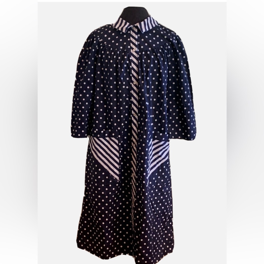 Vintage Navy Polka Dot Shirt Dress Nautical Stripe Trim Oversized Pockets 3x